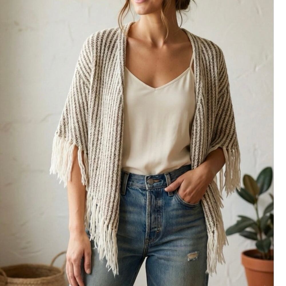Anthropologie Metallic Fringe Knit Shawl Cardigan Sweater One Size Boho Western